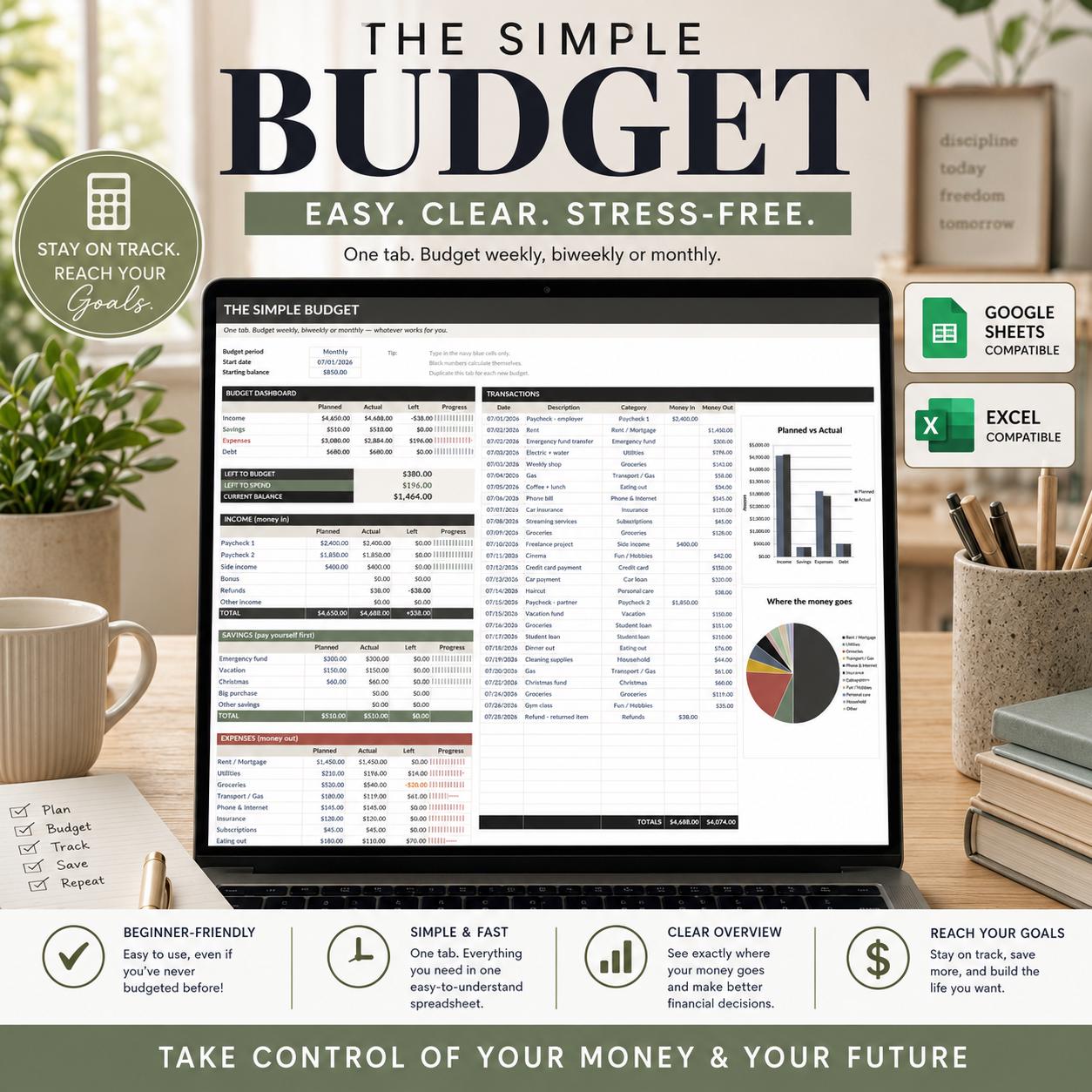 Simple Budget Spreadsheet for Excel & Google Sheets