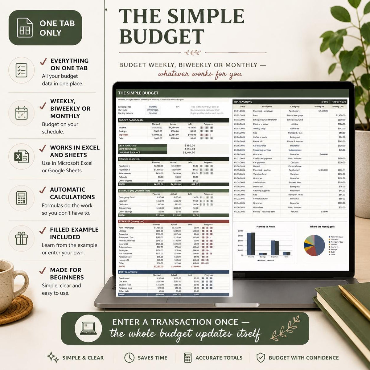 Simple Budget Spreadsheet for Excel & Google Sheets