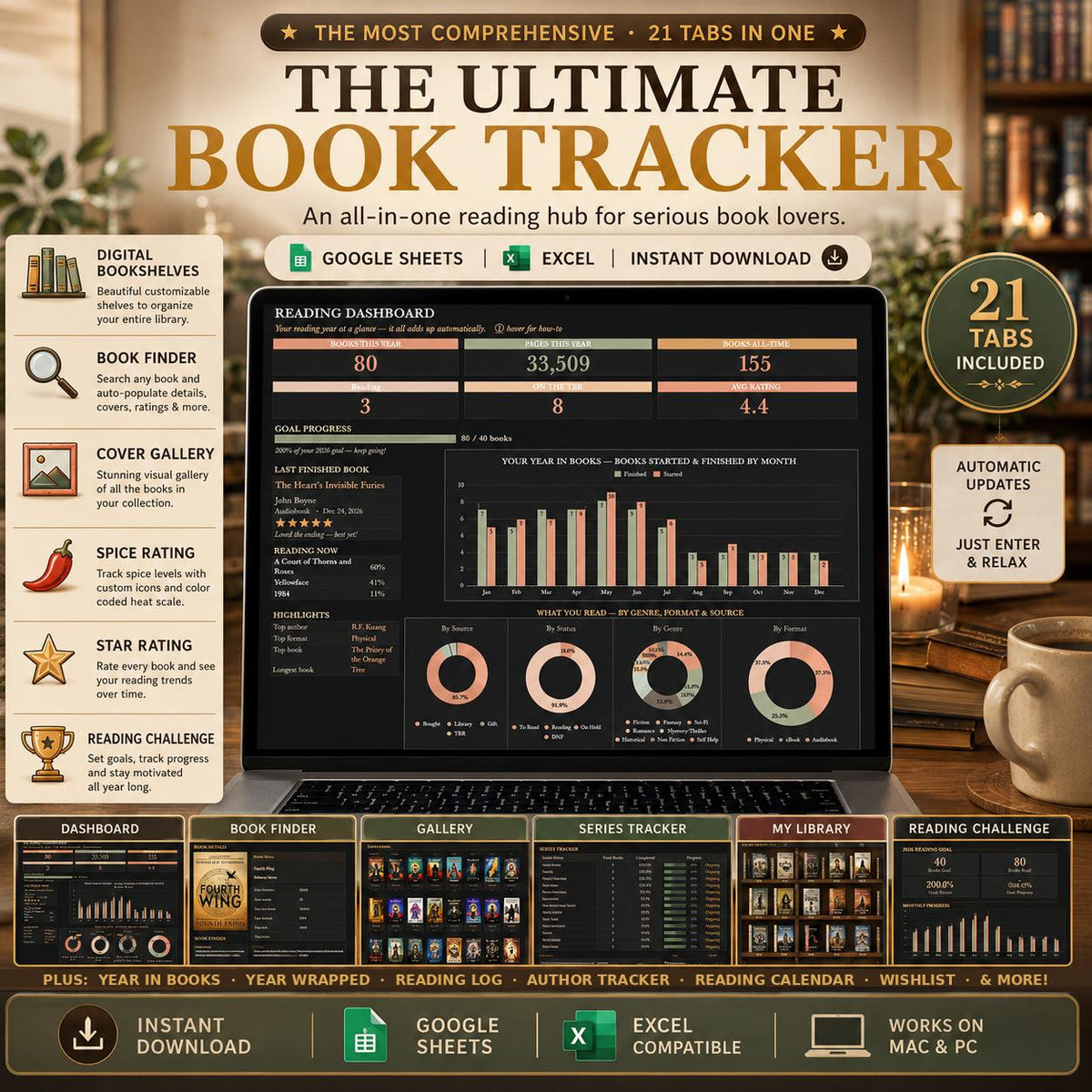 Ultimate Book Tracker 21 Tabs Spreadsheet