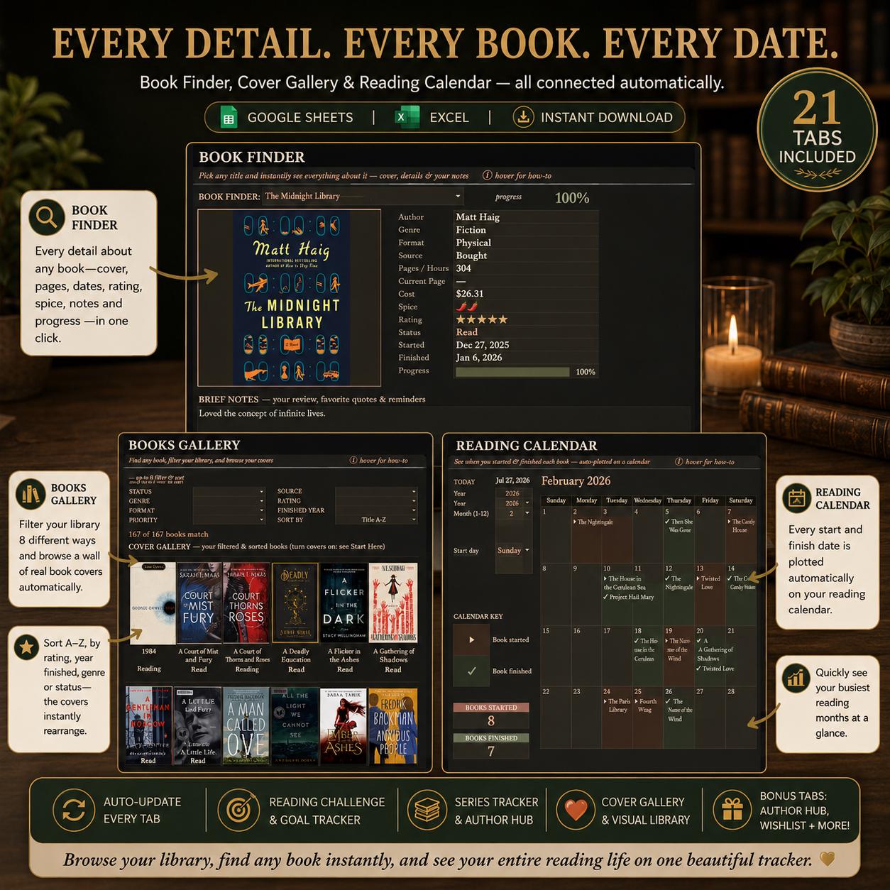 Ultimate Book Tracker 21 Tabs Spreadsheet