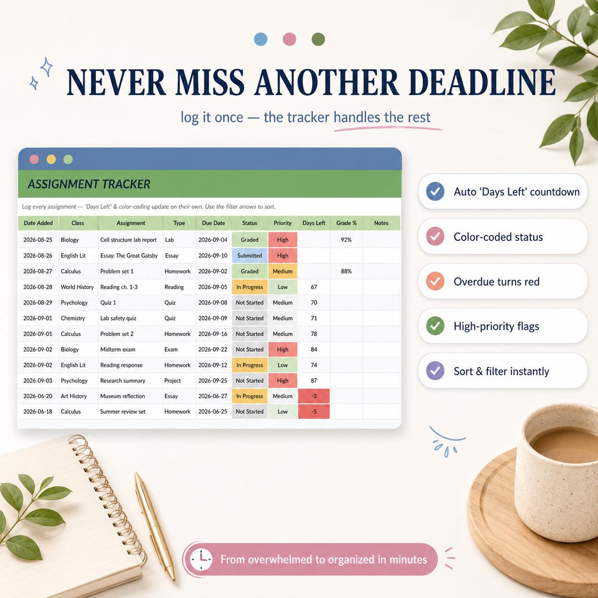 Digital Student Planner Spreadsheet