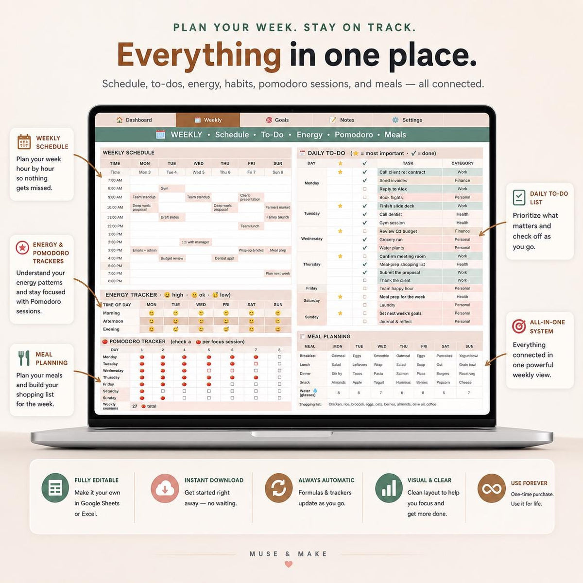 Weekly Productivity Dashboard Spreadsheet
