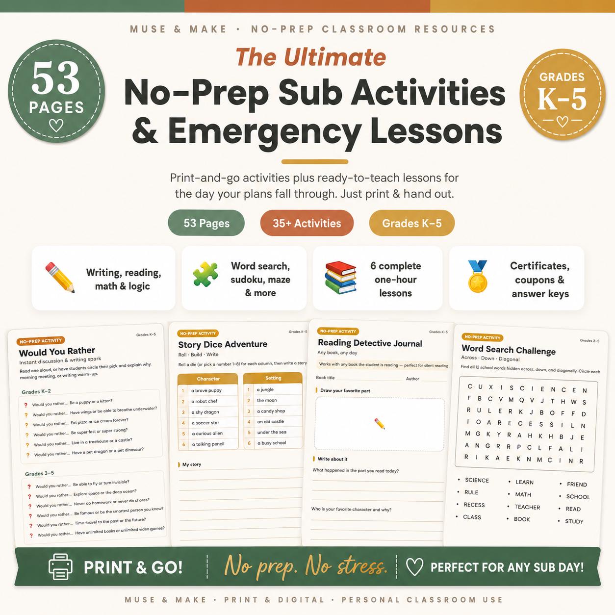 No-prep Substitute Activities & Emergency Lessons
