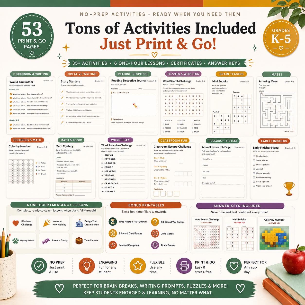 No-prep Substitute Activities & Emergency Lessons