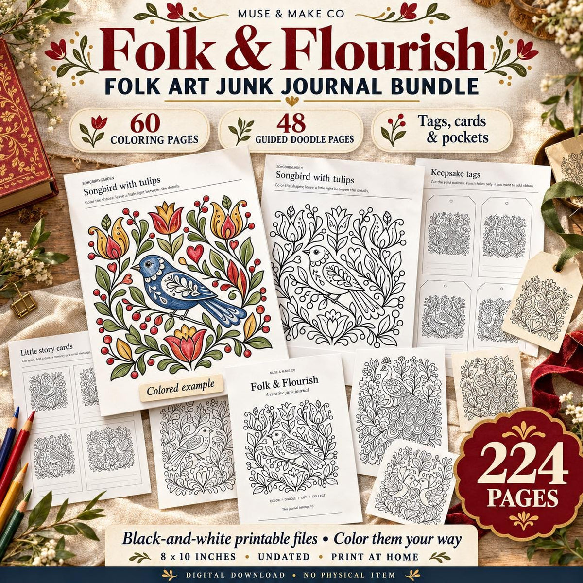 Folk Art Coloring Book Bundle