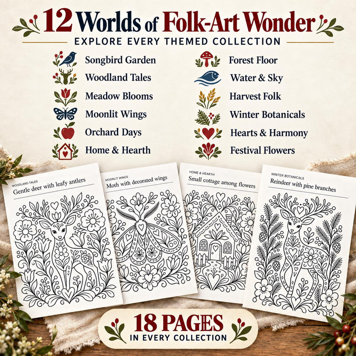 Folk Art Coloring Book Bundle
