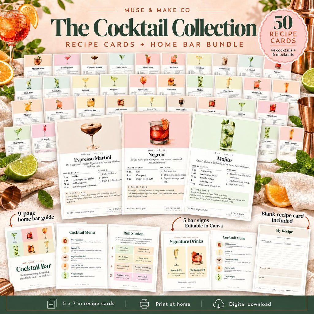 Cocktail Recipe Cards, 50 Printable Classic Cocktail Cards with Pitcher Recipes