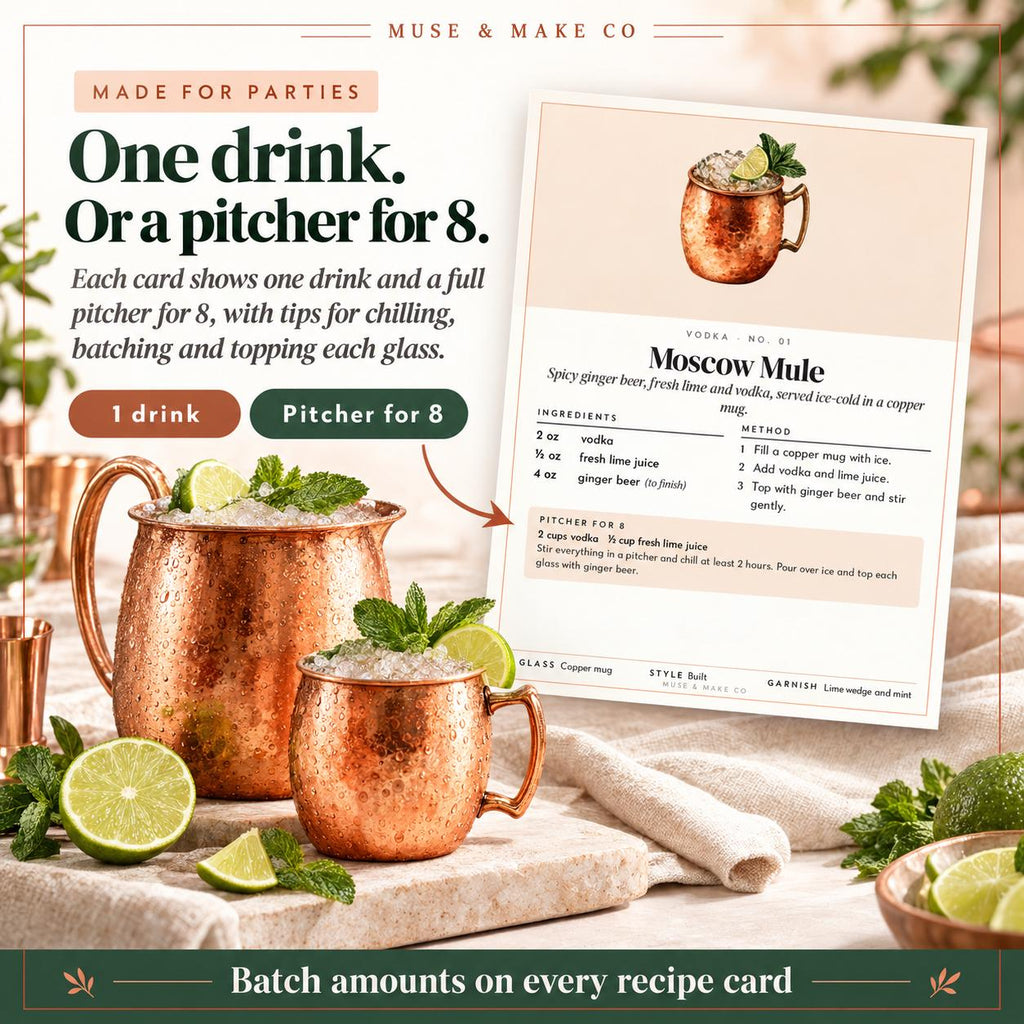 Cocktail Recipe Cards, 50 Printable Classic Cocktail Cards with Pitcher Recipes