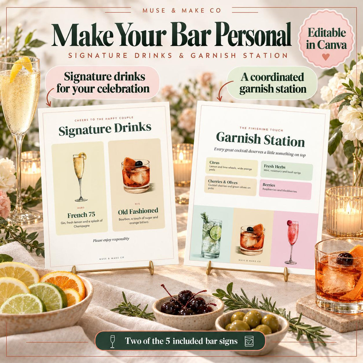 Cocktail Recipe Cards, 50 Printable Classic Cocktail Cards with Pitcher Recipes