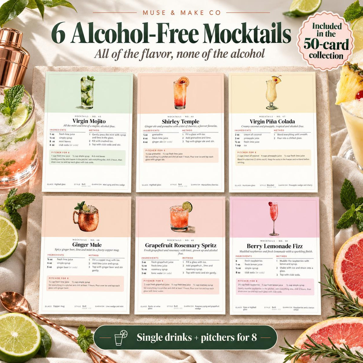 Cocktail Recipe Cards, 50 Printable Classic Cocktail Cards with Pitcher Recipes