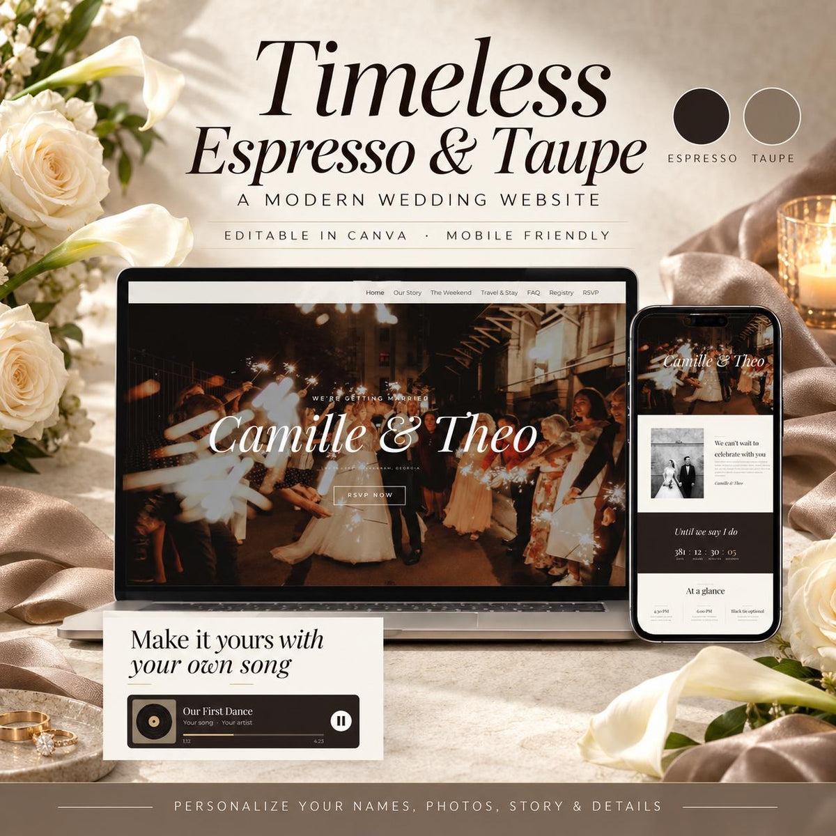 Espresso and Taupe Wedding Website Template with RSVP