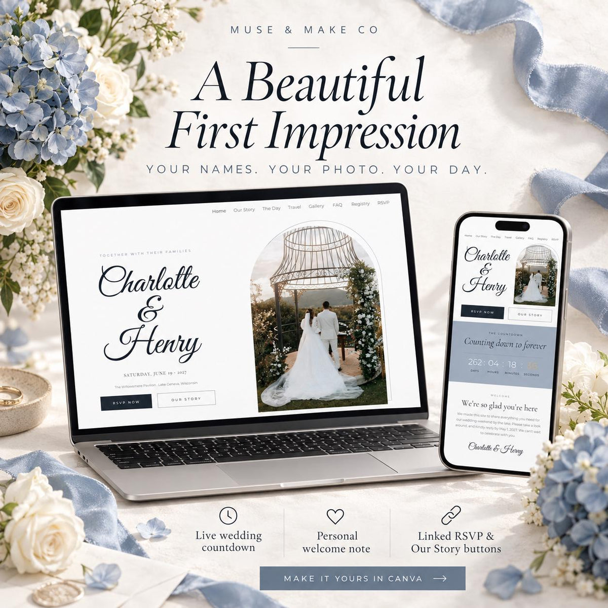 Dusty Blue Wedding Website Template with RSVP