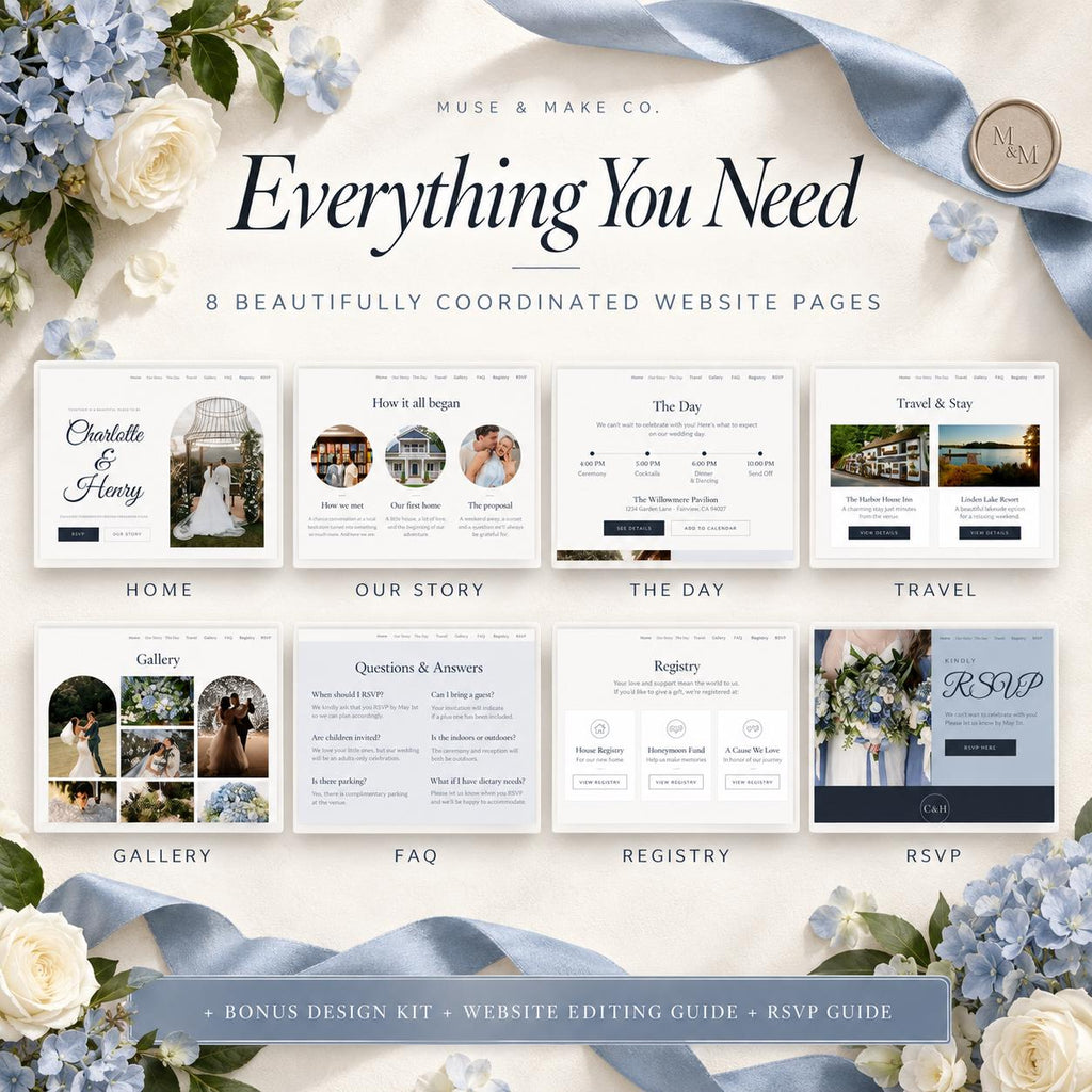 Dusty Blue Wedding Website Template with RSVP