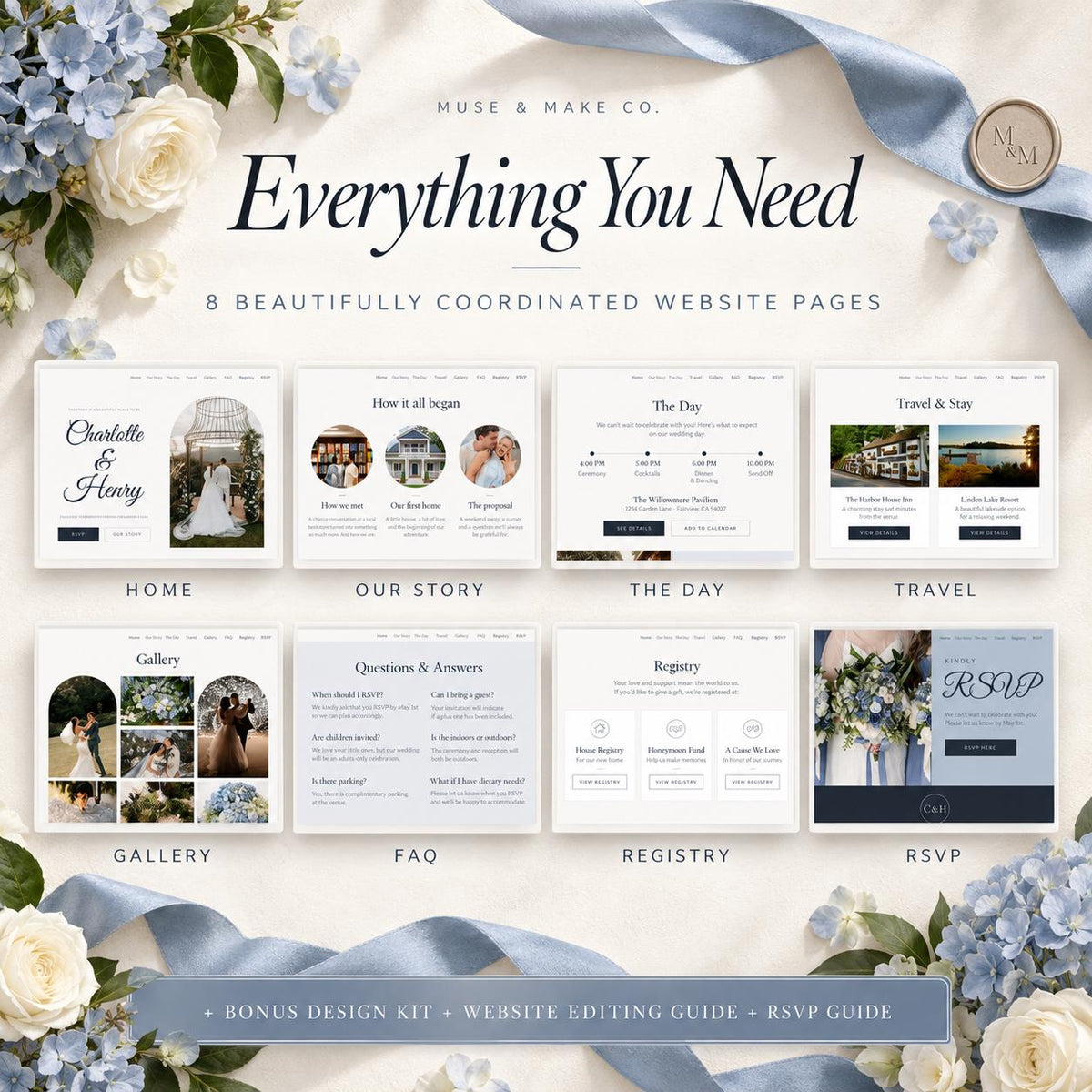 Dusty Blue Wedding Website Template with RSVP
