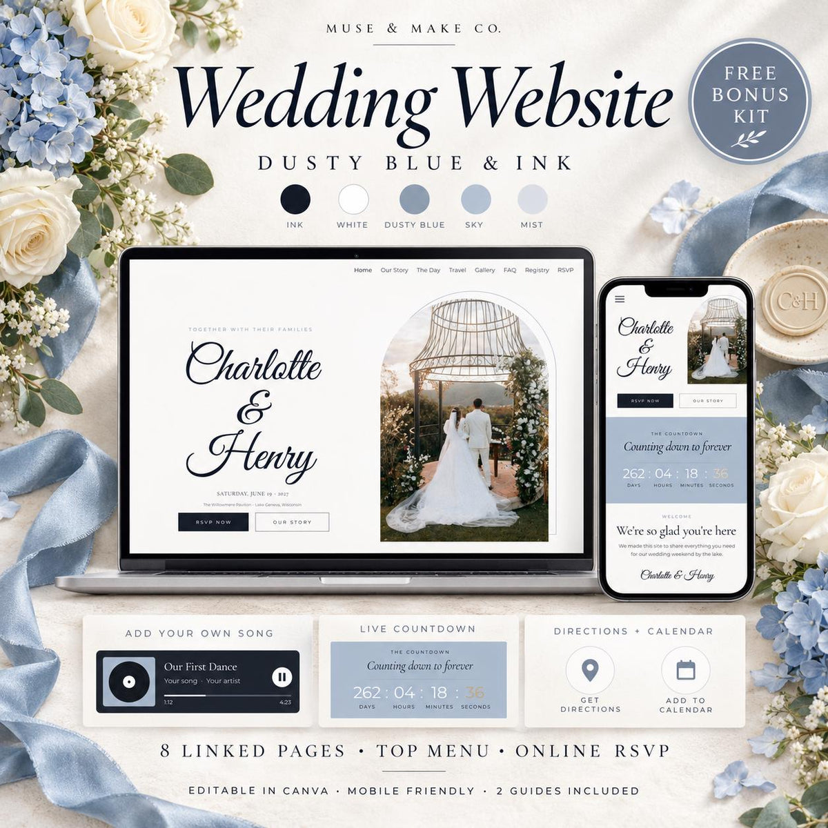 Dusty Blue Wedding Website Template with RSVP