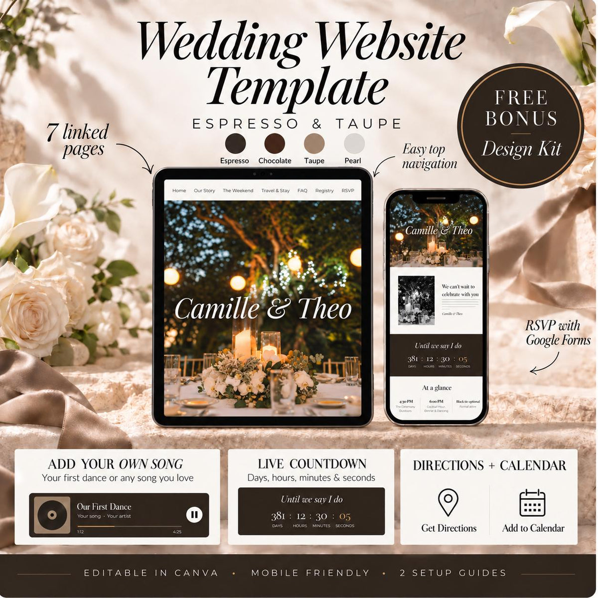 Espresso and Taupe Wedding Website Template with RSVP