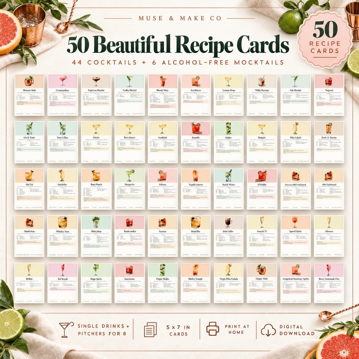 Cocktail Recipe Cards, 50 Printable Classic Cocktail Cards with Pitcher Recipes