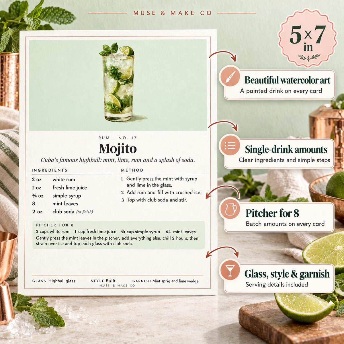 Cocktail Recipe Cards, 50 Printable Classic Cocktail Cards with Pitcher Recipes