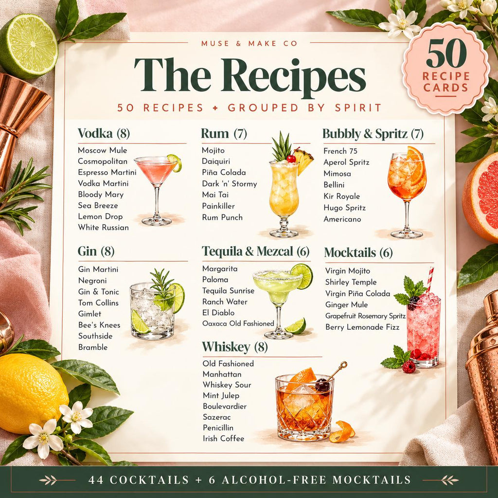 Cocktail Recipe Cards, 50 Printable Classic Cocktail Cards with Pitcher Recipes