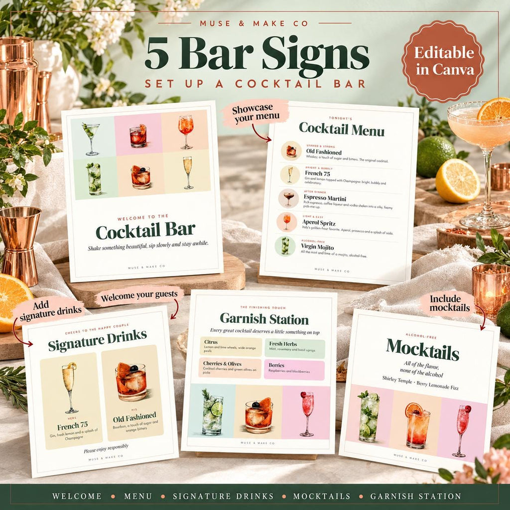 Cocktail Recipe Cards, 50 Printable Classic Cocktail Cards with Pitcher Recipes