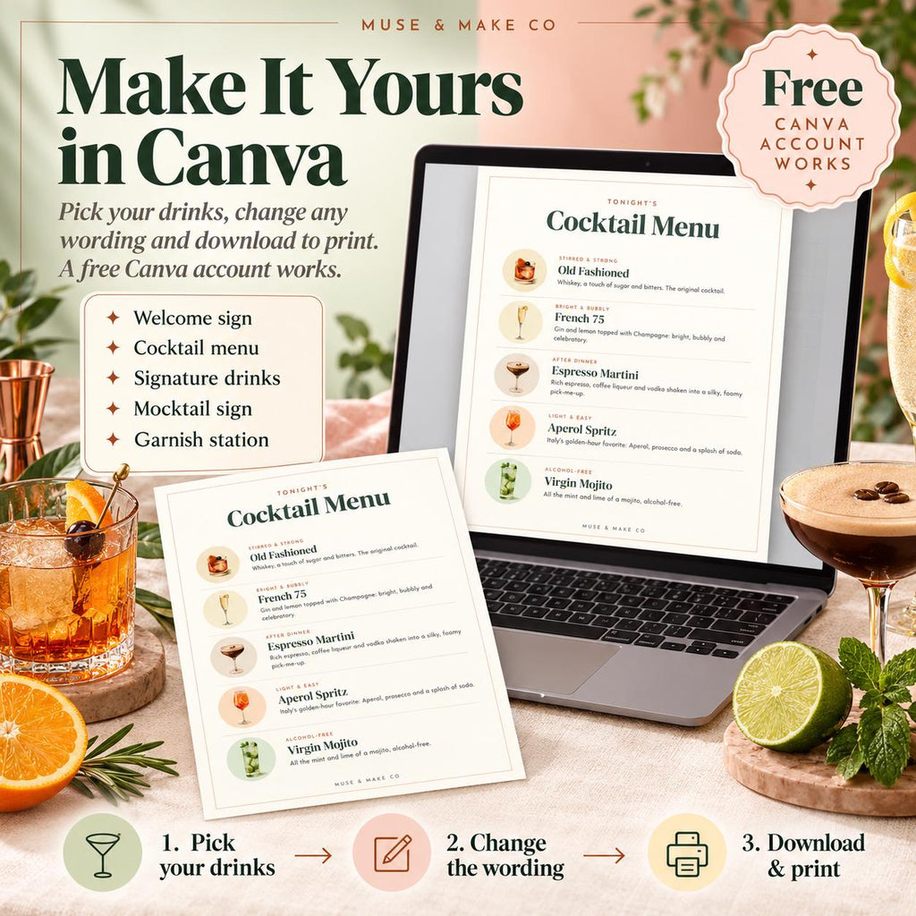 Cocktail Recipe Cards, 50 Printable Classic Cocktail Cards with Pitcher Recipes