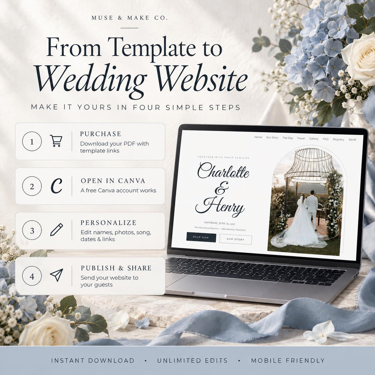 Dusty Blue Wedding Website Template with RSVP