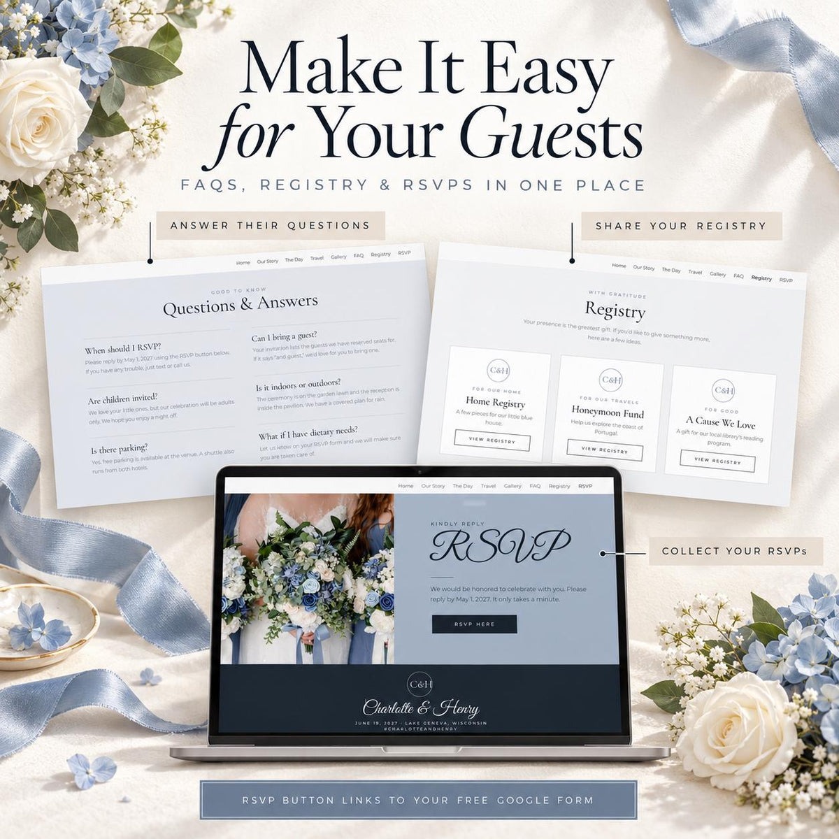 Dusty Blue Wedding Website Template with RSVP