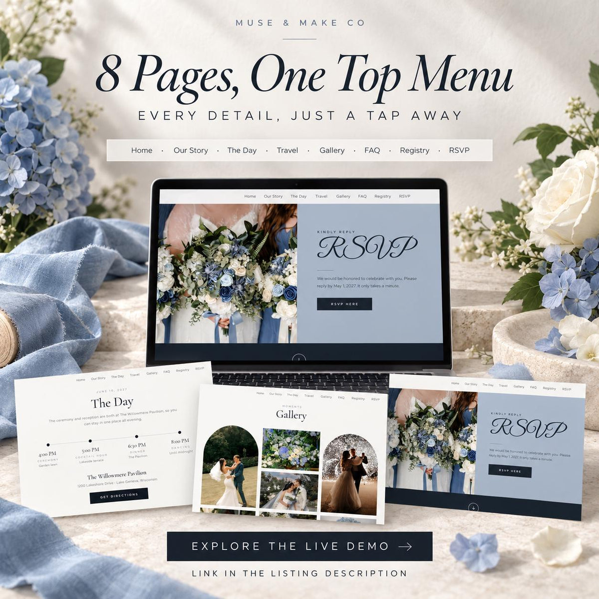 Dusty Blue Wedding Website Template with RSVP