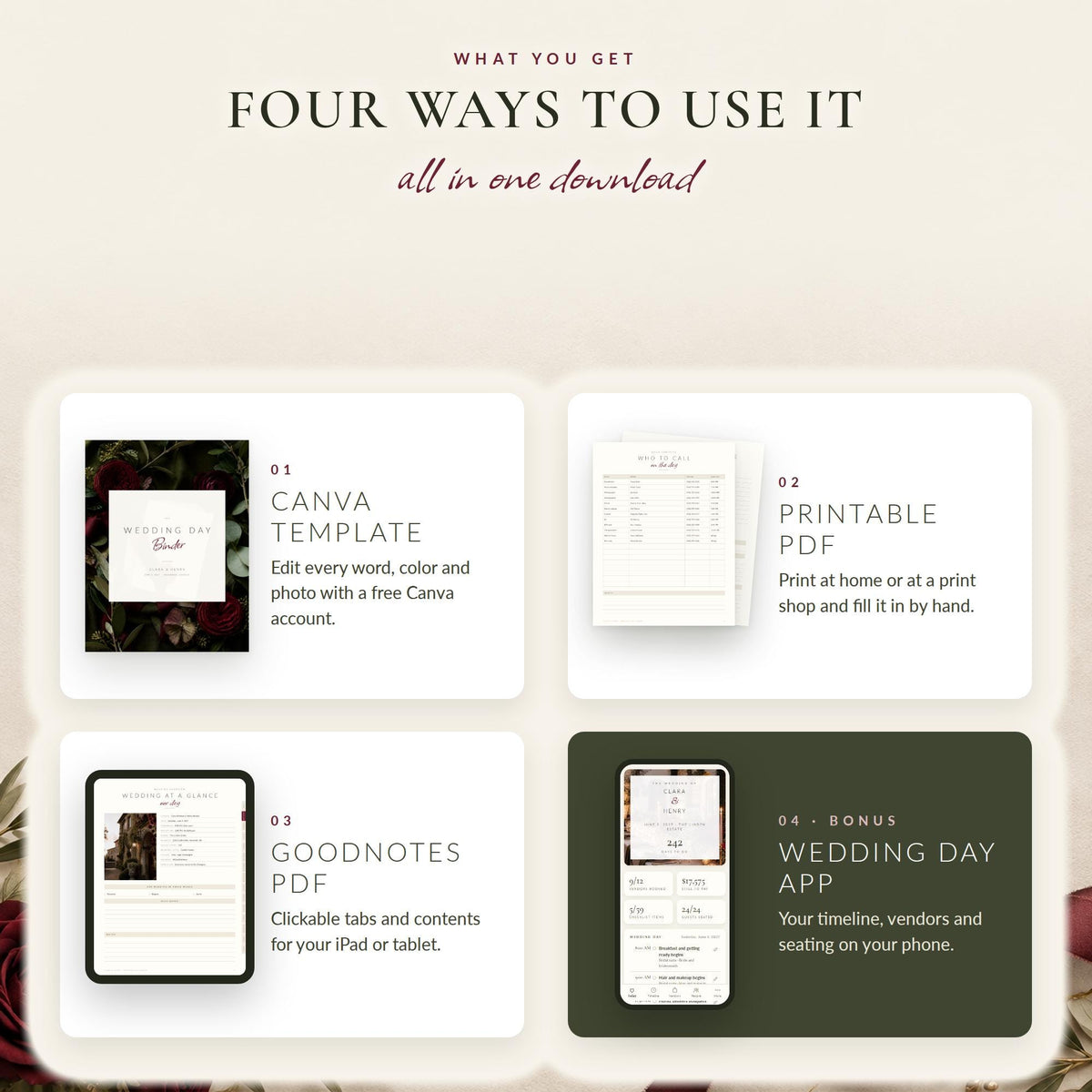 Olive Green and Burgundy Wedding Binder Canva Template
