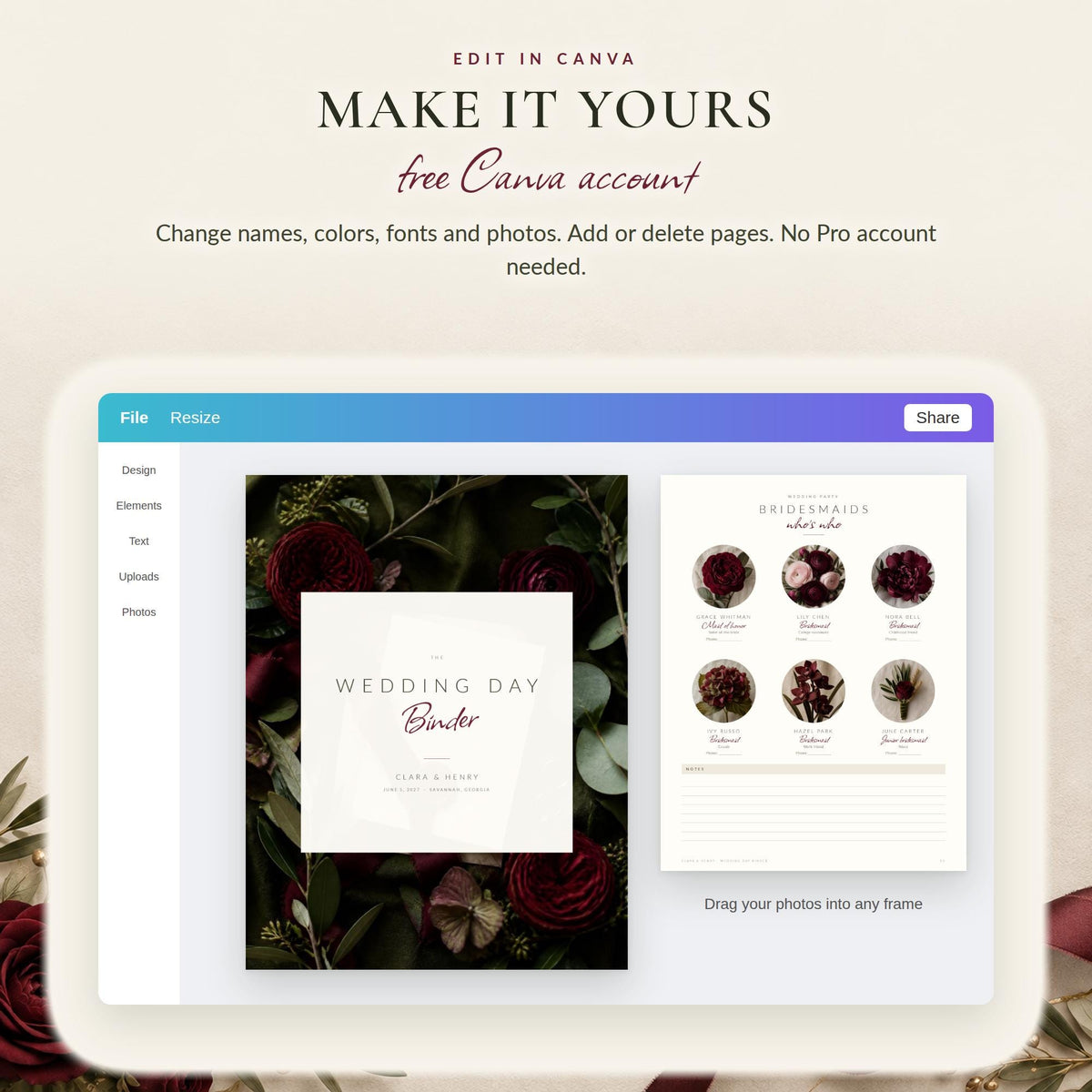 Olive Green and Burgundy Wedding Binder Canva Template