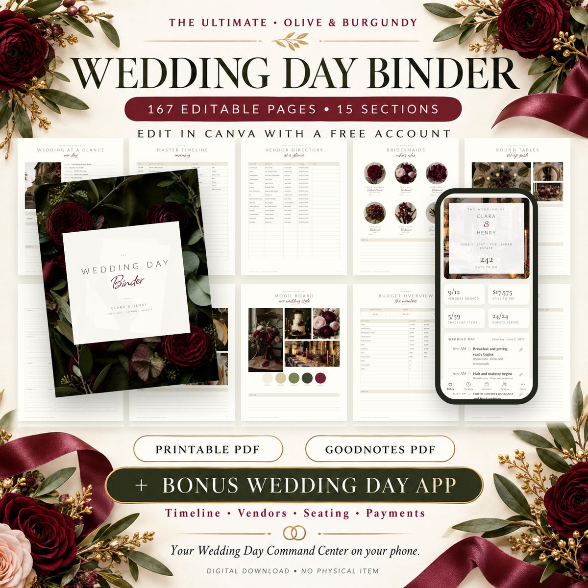 Olive Green and Burgundy Wedding Binder Canva Template